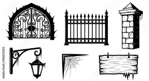 Black  White Gothic Halloween Elements Vector Set: Spooky Gate, Fence, Lantern, Sign  Spiderweb
