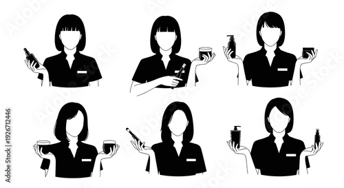 Faceless Black  White Glyph Women Presenting Beauty Skincare Products Vector