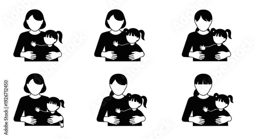 Mother Child Hug Glyph Icon - Family Parenting Flat Black and White Design