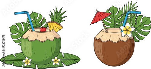 Tropical Coconut Drinks with Straw, Umbrella and Exotic Fruits, Summer Beach Cocktail Illustration with Palm Leaves Isolated on White Background