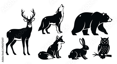 Wildlife Forest Animals Silhouette Icons Set - Black and White Vector Collection