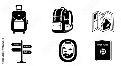 Travel and Tourism Glyph Icons Set with Suitcase, Backpack, Map, Passport in Black and White