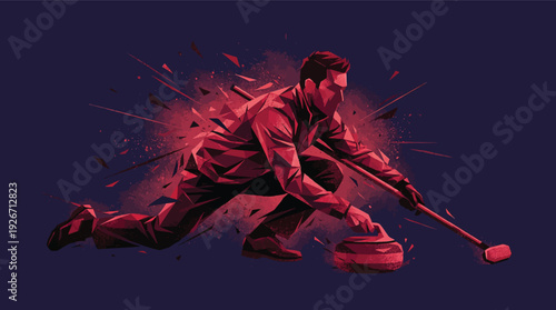 Male curler sweeping ice with broom and stone in dynamic red and blue illustration