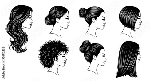 Beauty  Hair: Diverse Female Hairstyles Profile Line Art Vector Set