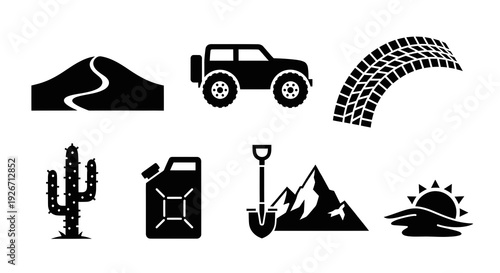 Desert Off-Road Adventure Icons Set: SUV, Dunes, Cactus, Shovel, Tire Track Glyphs