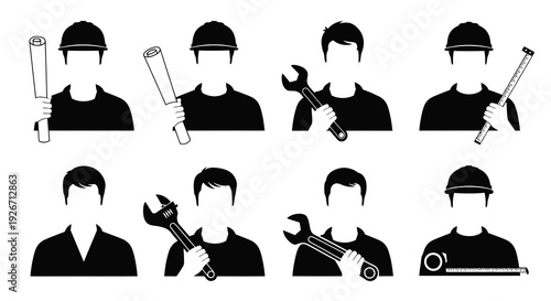 Construction and Mechanic Workers Icons Set - Black Silhouette Glyphs with Tools