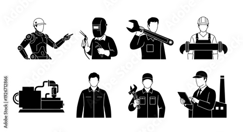 Industrial Engineering, Manufacturing  Robotics Workers, Tools  Machines Glyph Icons