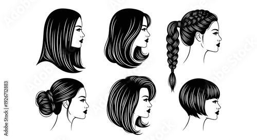 Beauty and Hairdressing: Women's Hairstyles Black  White Line Art Vector Set