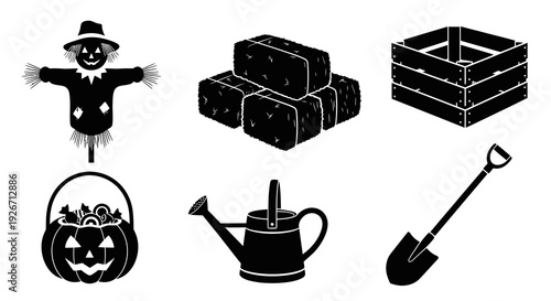 Autumn Farm and Garden Tools  Symbols Black and White Glyph Vector Icons
