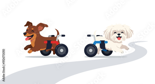 A brown dog in a red two-wheeled cart and a white dog in a blue two-wheeled cart run side by side along a winding gray path on a white background.