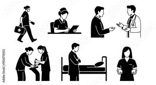 Medical Healthcare Professional  Patient Care Black  White Glyph Icon Set