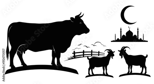 Eid al-Adha Islamic Festival Silhouette: Cow, Goats, Mosque  Crescent Moon Vector Graphic