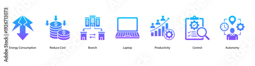 Workplace Efficiency web banner vector illustration featuring Energy Consumption, Reduce Cost, Branch, Laptop, Productivity, Control, and Autonomy.