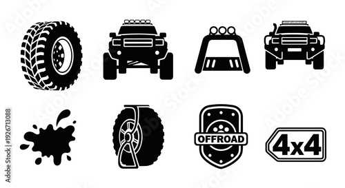 Black  White Off-Road Automotive Icons Set: Vehicles, Tires  Mud Glyphs Vector