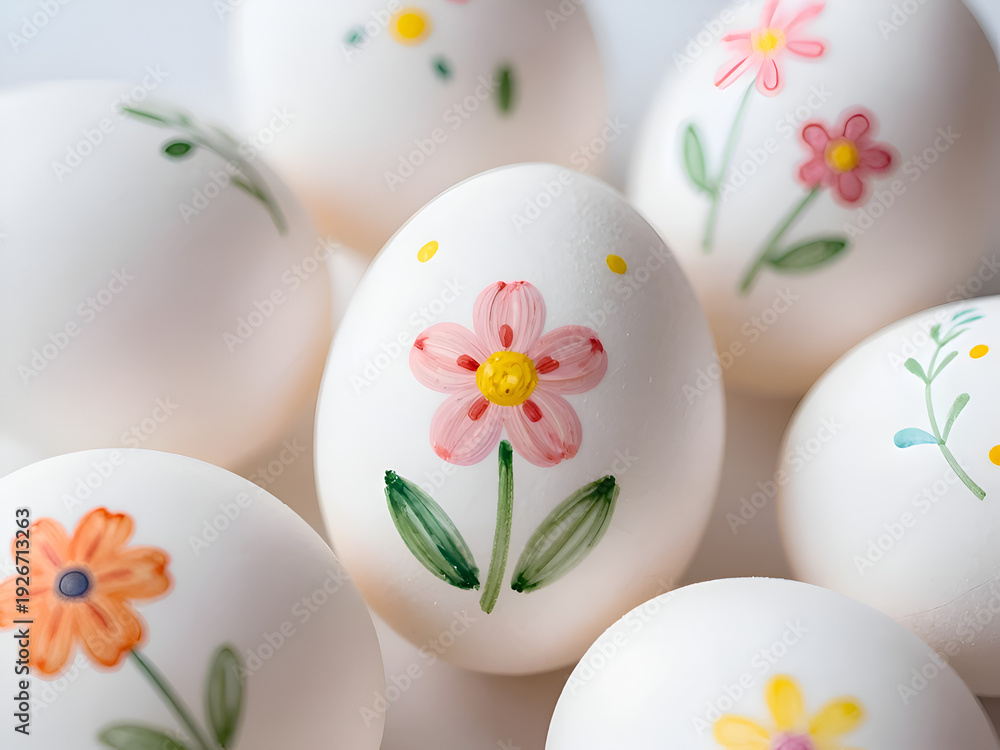 Fototapeta premium White Easter Eggs with Hand Painted Floral Designs and Spring Flowers