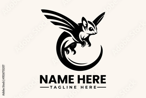 Black and white illustration of a winged squirrel logo with crescent moon and customizable text on a beige background.