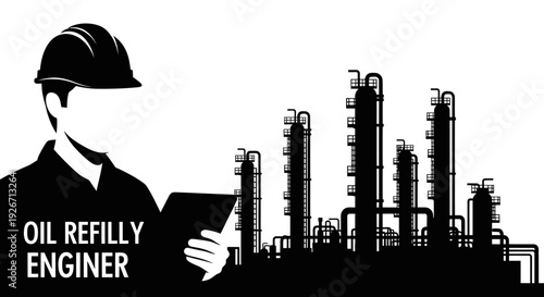 Oil Refinery Engineer Silhouette with Industrial Plant - Flat Vector Graphic