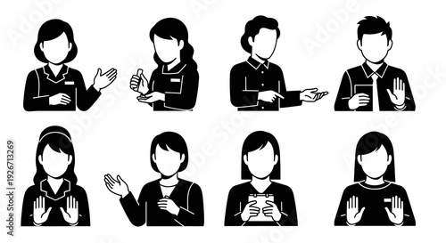 Customer Service Business People Glyph Icons Set: Gestures, Uniforms, Black  White Avatars