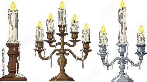 Vintage Candle Holders and Ornate Candelabras with Dripping Wax and Glowing Flames, Antique Decorative Lighting Illustration Isolated on White Background