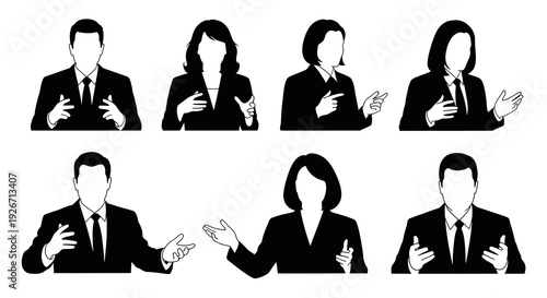 Business Professionals Silhouettes Gesturing  Speaking - Flat Black  White Vector Icons Set