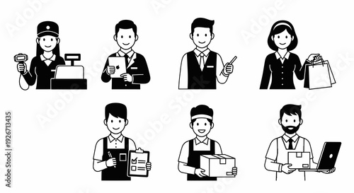 Retail E-commerce Staff Icons Set - Black White Line Art