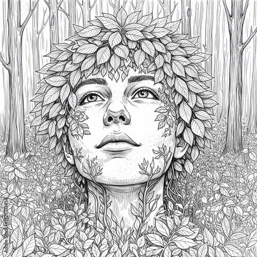 Womans face adorned with leaves surrounded by a forest in black and white