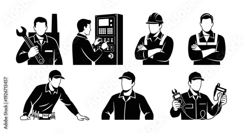 Industrial Workers and Technicians Black and White Vector Icon Set