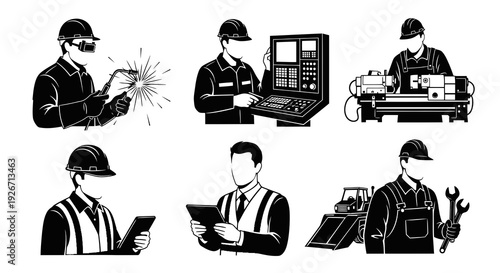Black  White Industrial Workers  Engineers Vector Glyphs for Skilled Trades Icons