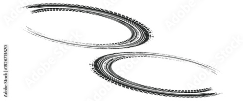 Tire tread marks, wheel textures, tire marks - car racing, motocross, drift, rally, off-road and others. Vector black isolated texture in grunge style with splashes.eps10