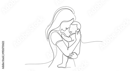 Mother tenderly hugging her baby warm line art illustration of love and care simple yet emotive drawing