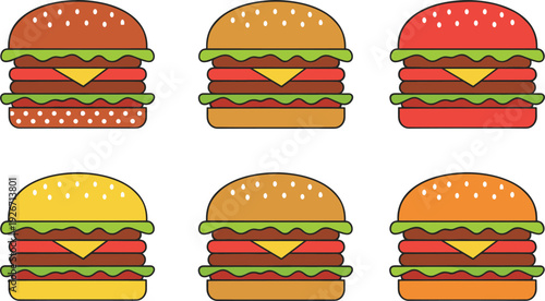 Set of Six Delicious Burgers with Various Buns and Toppings for Fast Food Menu and Restaurant Branding Design