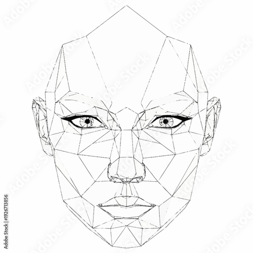 Geometric Wireframe Face Drawing with Detailed Eyes.