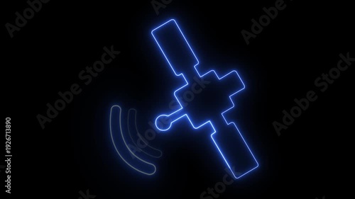 Animated blue neon satellite transmitting radio waves on a black background, seamless loop, abstract technology concept, 4k video animation