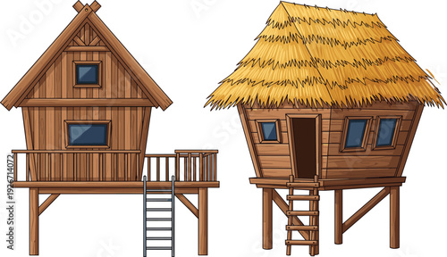 Wooden Treehouse and Rustic Stilt Hut with Thatched Roof, Elevated Cabins Cartoon Illustration Isolated on White Background, Traditional Rural Architecture Concept Design