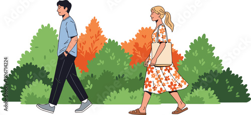Young Couple Walking in Autumn Park with Colorful Foliage, Casual Fashion Lifestyle Illustration of Man and Woman Strolling Outdoors in Fall Season Nature Scene