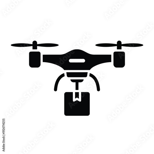 Drone flying with package delivery in aerial transportation view from the front