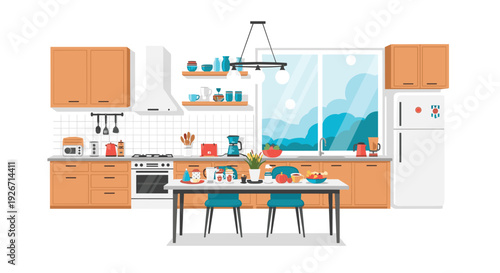 A detailed flat vector illustration of a modern kitchen interior featuring wooden cabinets, a dining table with blue chairs, and a large window overlooking mountains.