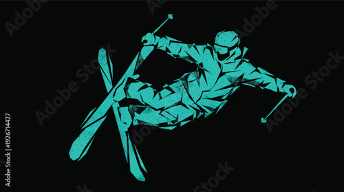 Skier performing freestyle jump trick with skis and poles in mid-air. Dynamic action shot of winter sport athlete in teal outline against black background.