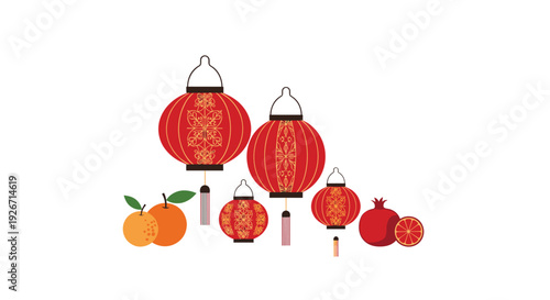 Five red Chinese lanterns with gold patterns are arranged next to two oranges and a pomegranate fruit on a solid white background.