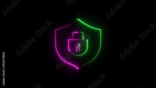 A futuristic neon abstract animation features a glowing shield with a lock symbol formed by vibrant pink and green lines on a dark black background, symbolizing security and digital protection.