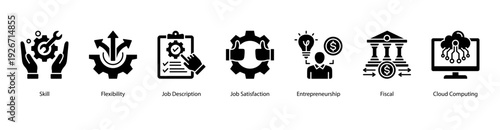 Job Flexibility web banner vector illustration featuring Skill, Flexibility, Job Description, Job Satisfaction, Entrepreneurship, Fiscal, and Cloud Computing.