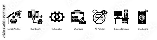 Hybrid Workplace web banner vector illustration featuring Remote Working, Hybrid Work, Collaboration, Warehouse, Air Pollution, Desktop Computer, and Smartphone.