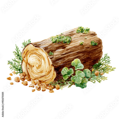 Konstfotografi Watercolor-style vector illustration of Yule Log, isolated on a clean white background