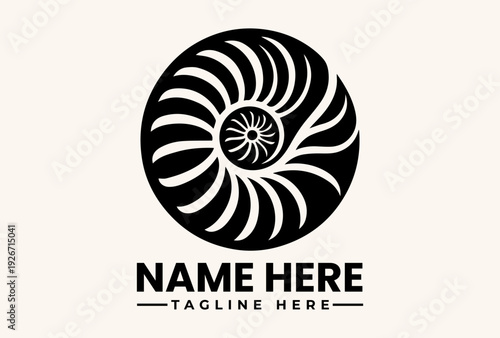 A black and white nautilus shell logo with a circular spiral design and placeholder text on a beige background, featuring a vector illustration style with a minimalist aesthetic.