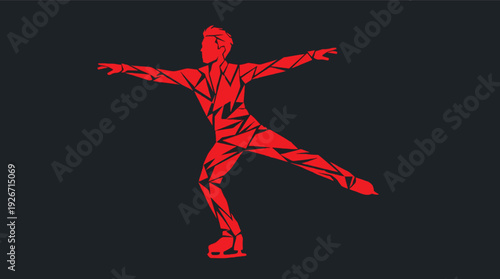 Figure skater vector silhouette. Red male ice skater in dynamic pose with abstract geometric pattern. Created in flat style with red and dark gray palette.