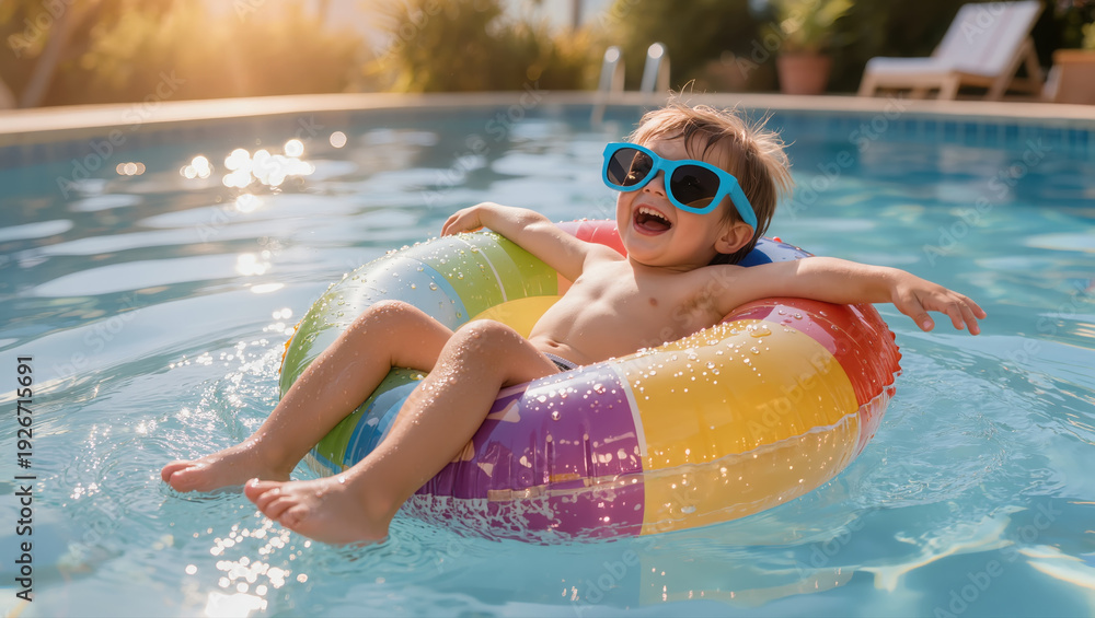 Obraz premium Laughing little boy in sunglasses relaxing on colorful inflatable ring in swimming pool on sunny summer day