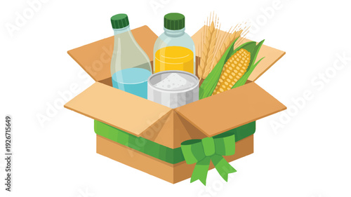 food donation box with groceries and fresh produce inside one sentence