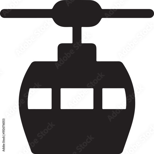 Black silhouette of a cable car with three windows white background