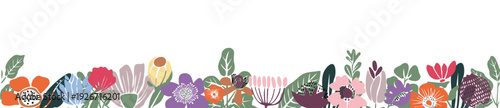 Flat vector floral border banner with vibrant stylized flowers and foliage clustered along the bottom on transparent background.