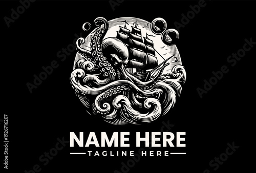 A grayscale illustration of a ship with an octopus on a circular logo with waves, against a black background with space for a name and tagline.